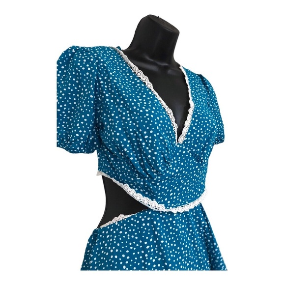 Puff sleeve crochet lace trim open back waist cutout blue teal short dress sizeM - Picture 3 of 14
